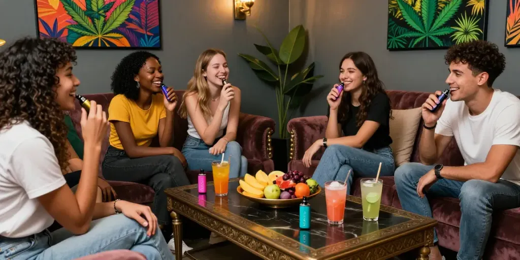 Group of friends enjoying Hitz infinity Gen 7 vapes in a vibrant lounge.