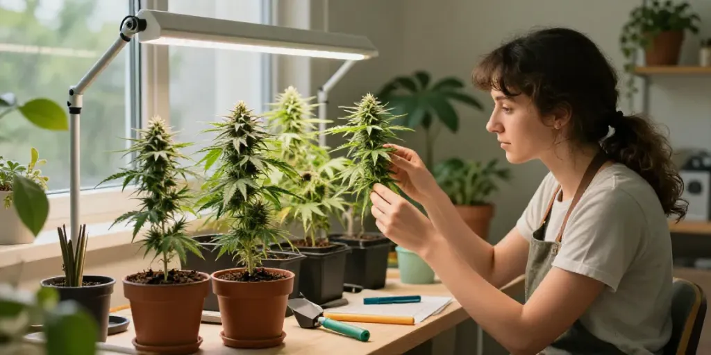 Gesunde Pflanzen von feminisierten Cannabissamen kaufen in einem warmen Gartenraum.