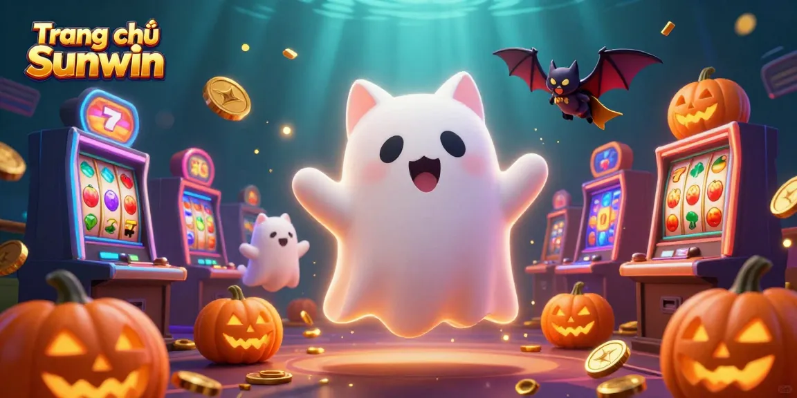 Engage with the thrilling world of Trang chủ Sunwin in this animated casino scene showcasing a ghost cat and vibrant slot machines.