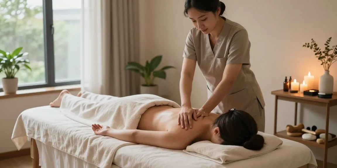 A serene massage therapy environment showcasing makangs.com/region/국내/서울-/마사지-스웨디시, a therapist giving a Swedish massage with calming elements.