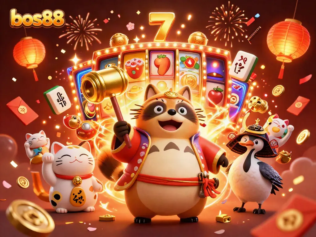 Permainan slot bos88 dengan tanuki gembira dan simbol keberuntungan, menarik perhatian pemain.