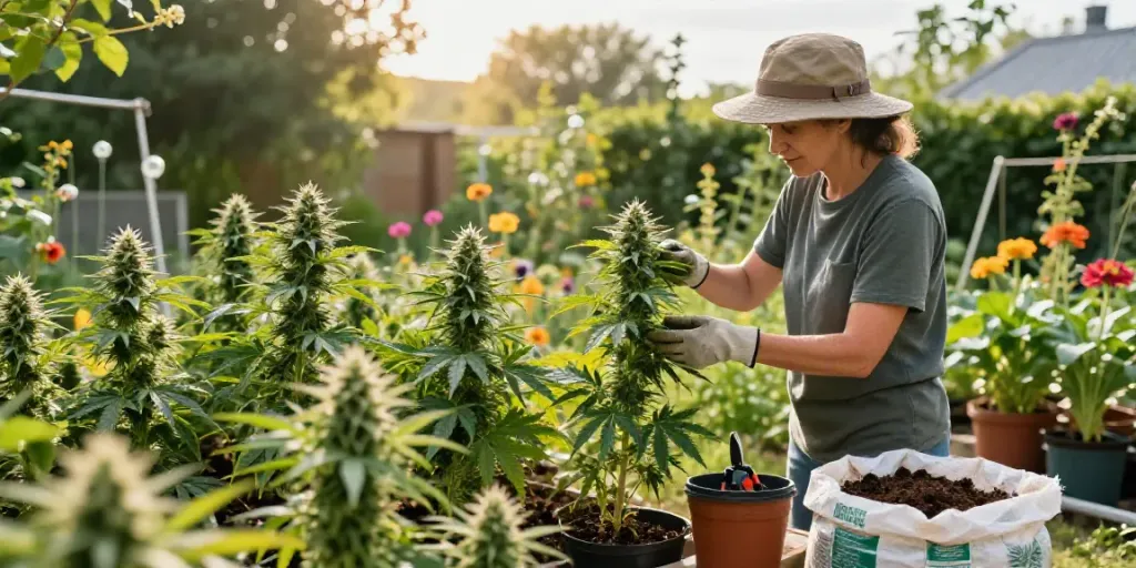 Feminized cannabis plants growing in a vibrant home garden, showcasing the nurturing process.