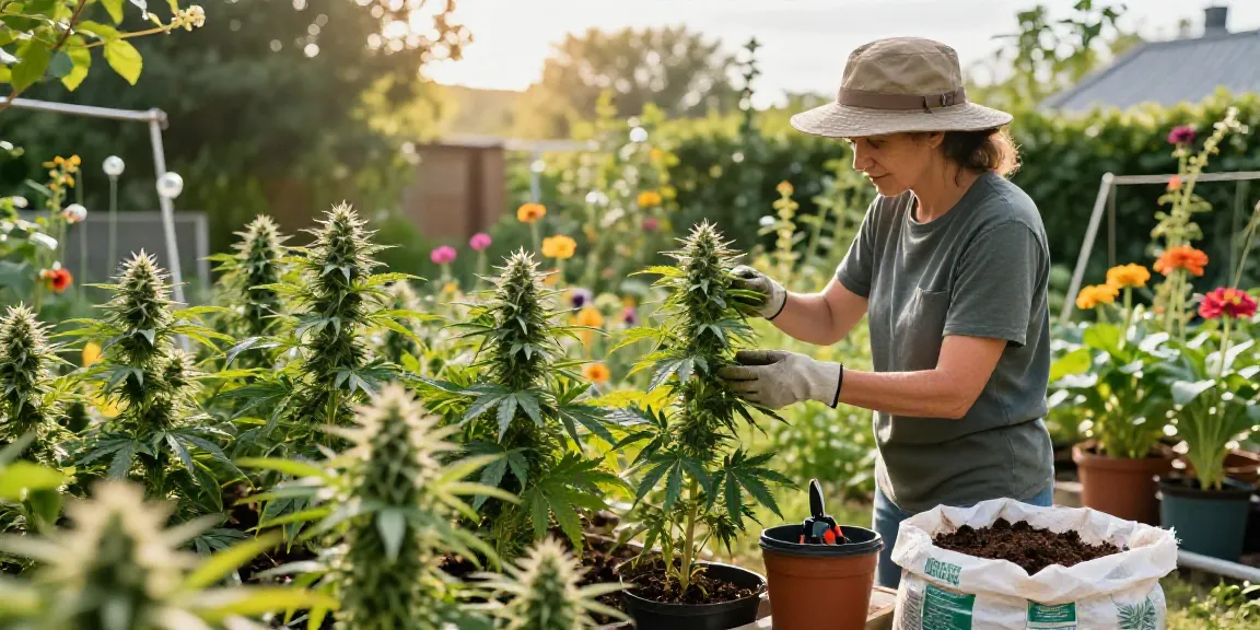 Feminized cannabis plants growing in a vibrant home garden, showcasing the nurturing process.