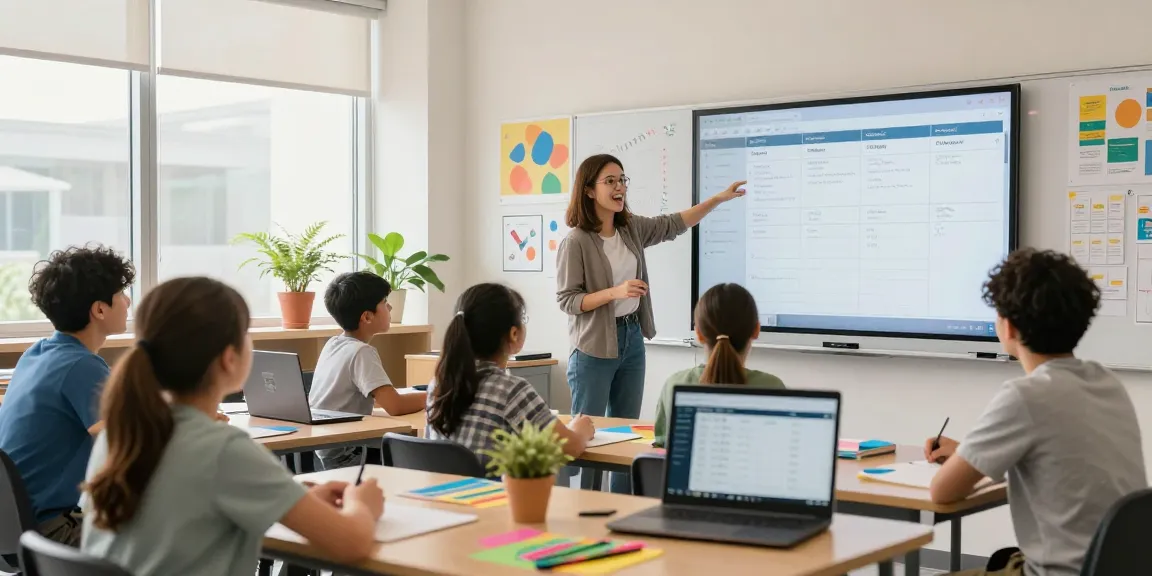 Teacher using EMStudio online teacher planner in dynamic classroom with engaged students, showcasing effective classroom management.