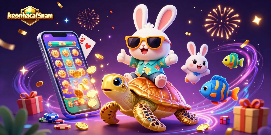 Experience excitement with keonhacai5nam as a lucky rabbit and golden turtle celebrate vibrant casino games.