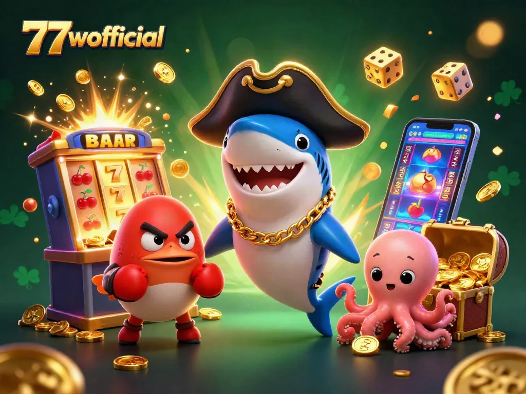Experience thrilling wins with the animated characters from 77wofficial at this dynamic casino scene.