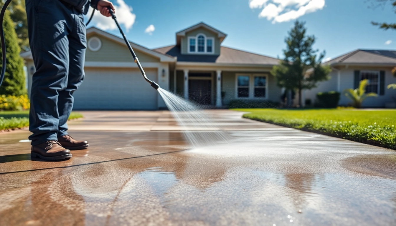 Concrete cleaning in action, showcasing a professional technician pressure washing a driveway.