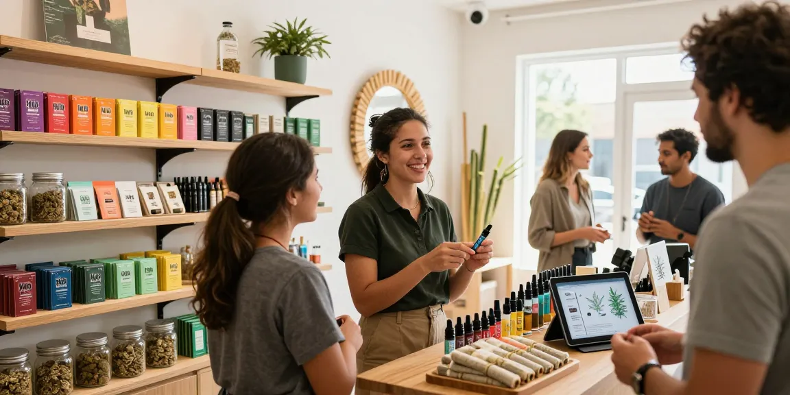 Muha Meds display in vibrant cannabis shop helping customers select premium vaping products.