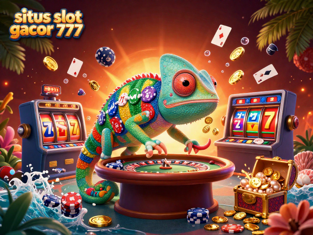 Situs slot gacor 777 showcases an energetic casino scene with a colorful chameleon and spinning slots.