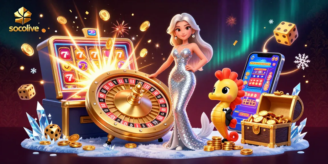 Socolive features a dazzling casino scene with a stunning woman by a golden roulette wheel, dynamic slots and vibrant casino themes.