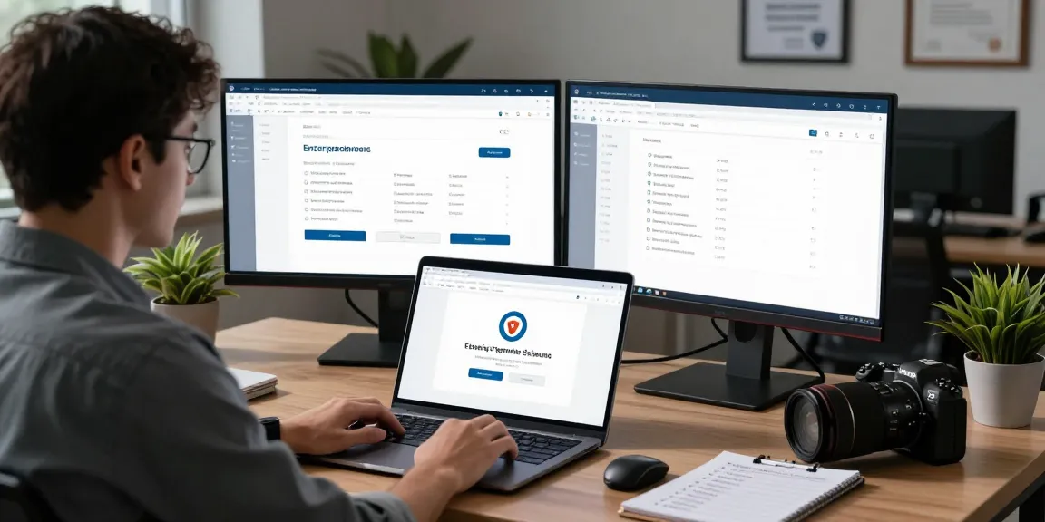 Tech support professional verifying secure connections at https://shs-dome5.com/ in a modern office workspace.