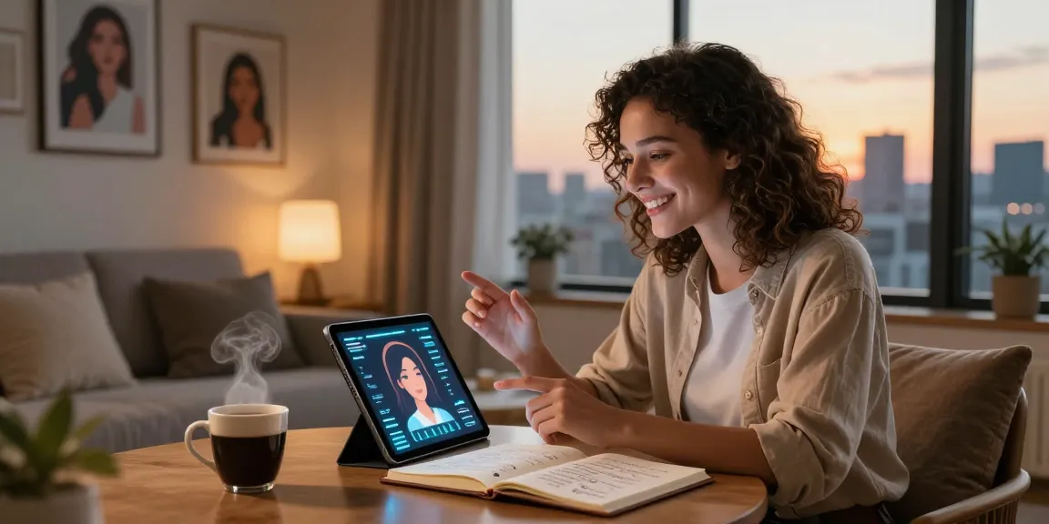 Engaging scene of a young woman interacting with her AI girlfriend on a tablet in a cozy room.