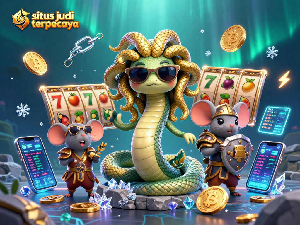Visualisasi kreatif situs judi terpercaya dengan karakter Medusa dan mouse pejuang di dunia kasino.