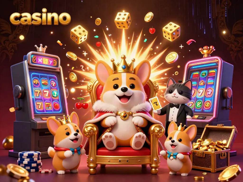 Enjoy casino adventure with a royal corgi on a throne, surrounded by jackpots and exciting games.