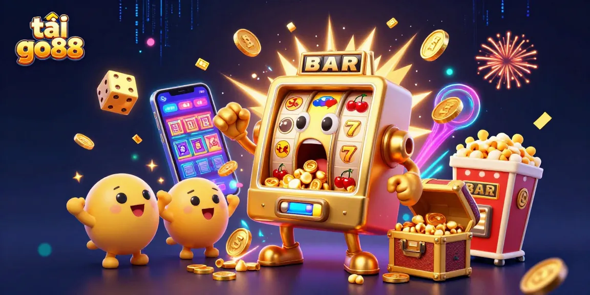 Experience the excitement as you tải go88 with a golden slot machine celebrating its jackpot victory, surrounded by festive elements.