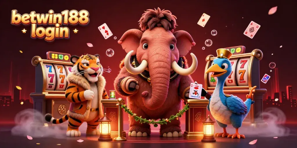 Login BETWIN188 lebih mudah dengan gaya visual kasino menarik dan bouncer lucu.