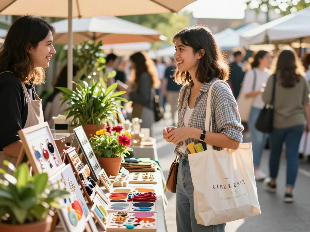 Joyful shopper at outdoor market engaging with vendor while exploring products on https://hubet88.icu/ in a vibrant atmosphere.