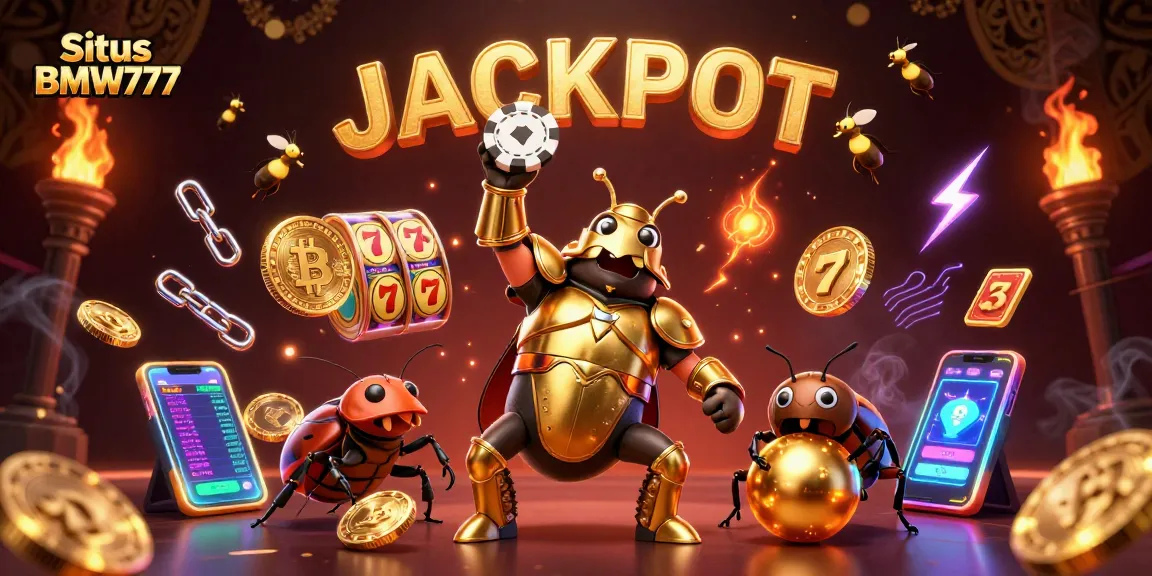 Experience the thrill of Situs BMW777 with cartoon beetles celebrating a jackpot amidst crypto elements.
