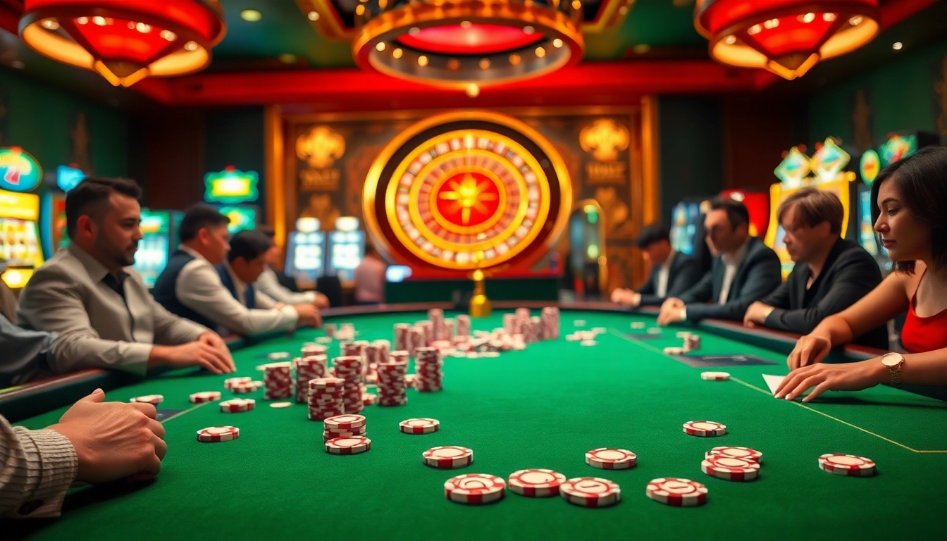 Players engaged in a high-stakes poker game at https://rr88co.net/, surrounded by vibrant casino elements.
