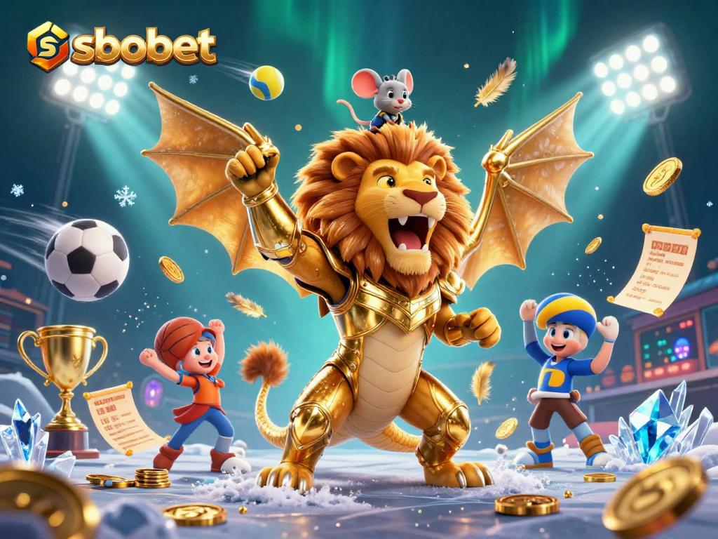 Bet on sbobet with thrilling sports action featuring a golden chimera and iconic sports elements.