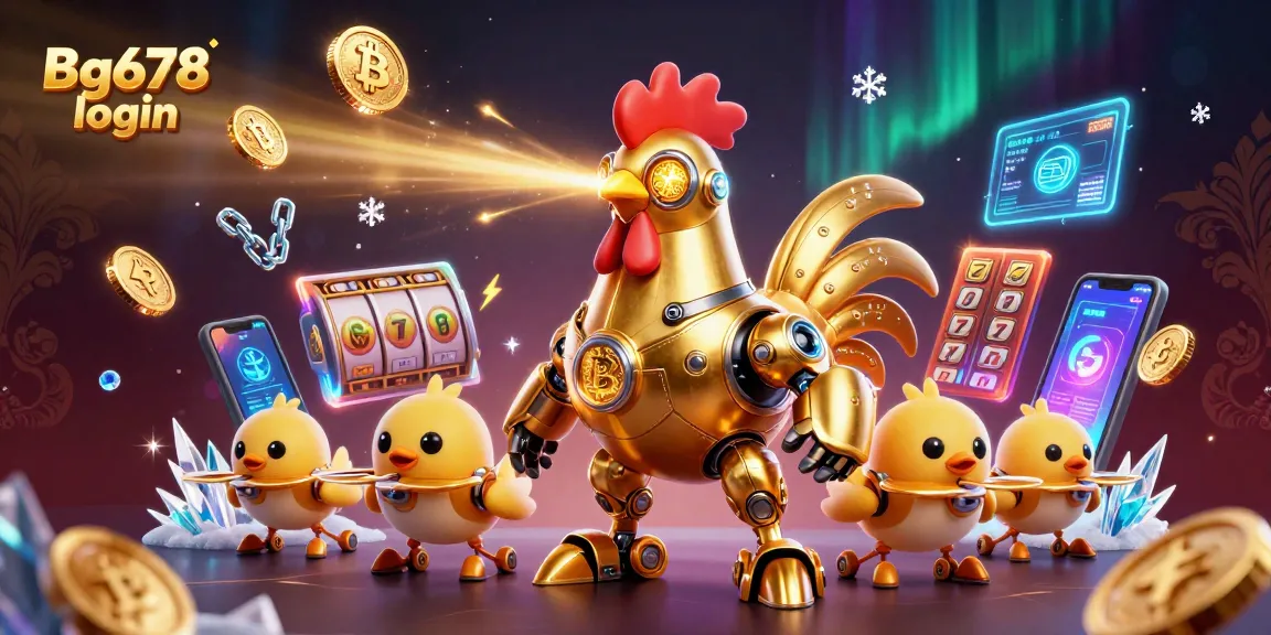 Engage in thrilling gameplay with Bg678 login, featuring a futuristic rooster robot and vibrant slot elements.