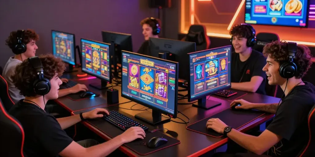 Players enjoying a thrilling slot gacor gaming experience online, showcasing diverse engagement and vibrant visuals.