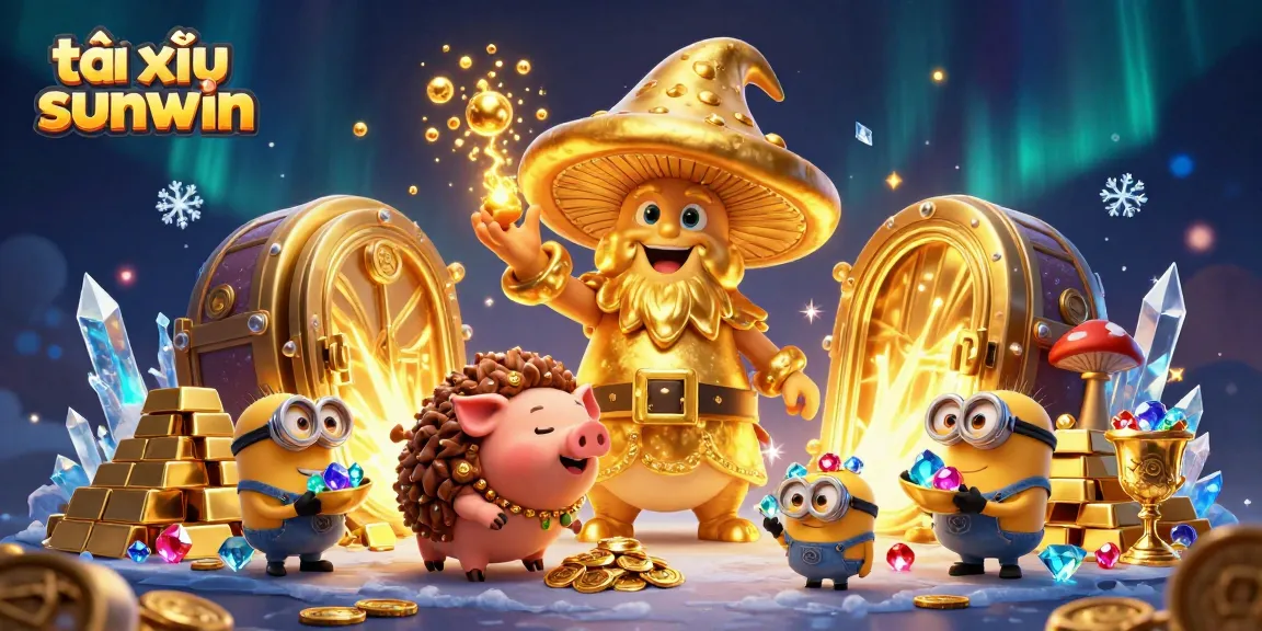 Engage in tài xỉu sunwin with dynamic treasure-rich 3D illustration showcasing gold magic and wealth.