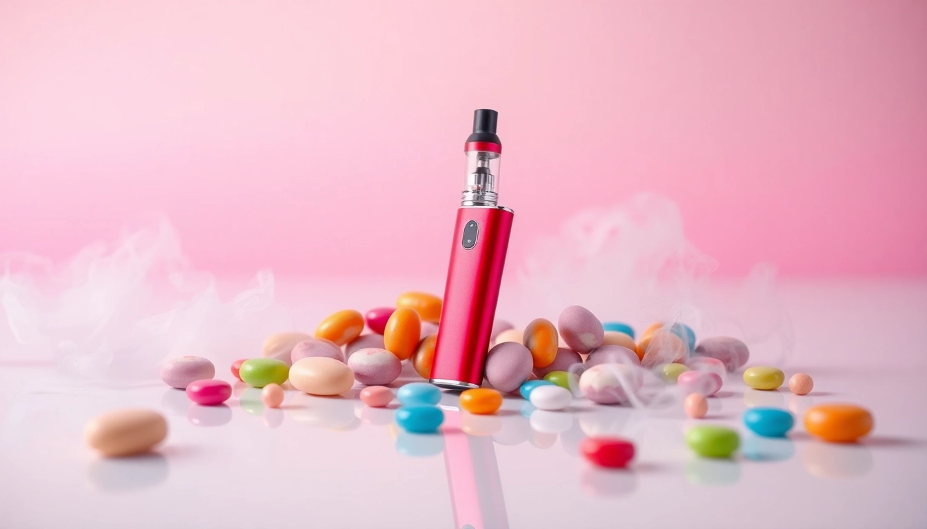 Enticing candy vape pen showcased with colorful candies, inviting a playful atmosphere.