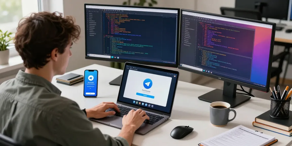 Optimized workspace for Telegram Download with tech gadgets and dual monitors displaying colorful coding.