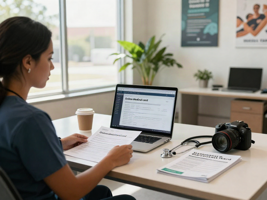 Healthcare professional reviewing online medical card Texas applications in a sunny office environment.