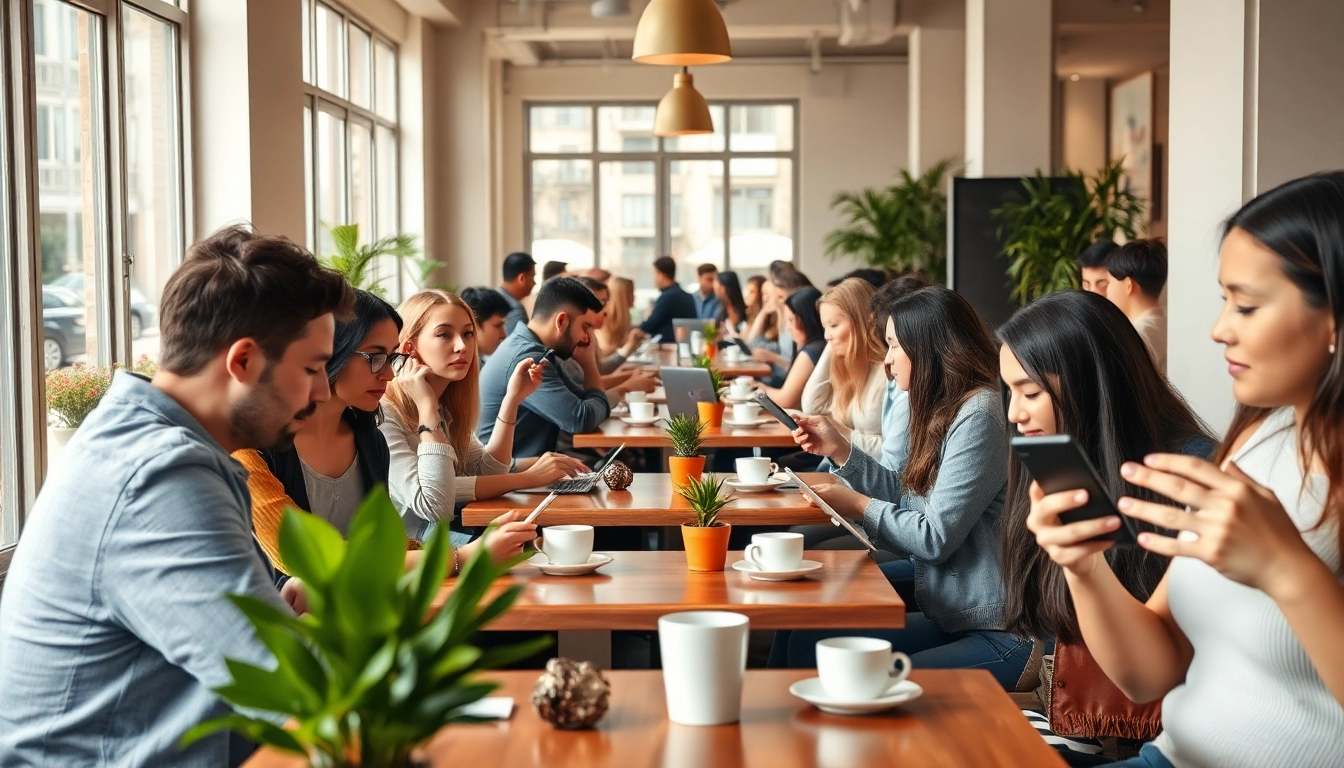 Engaged young adults in a café exploring onlyfans profiles near me with warmth and connection.