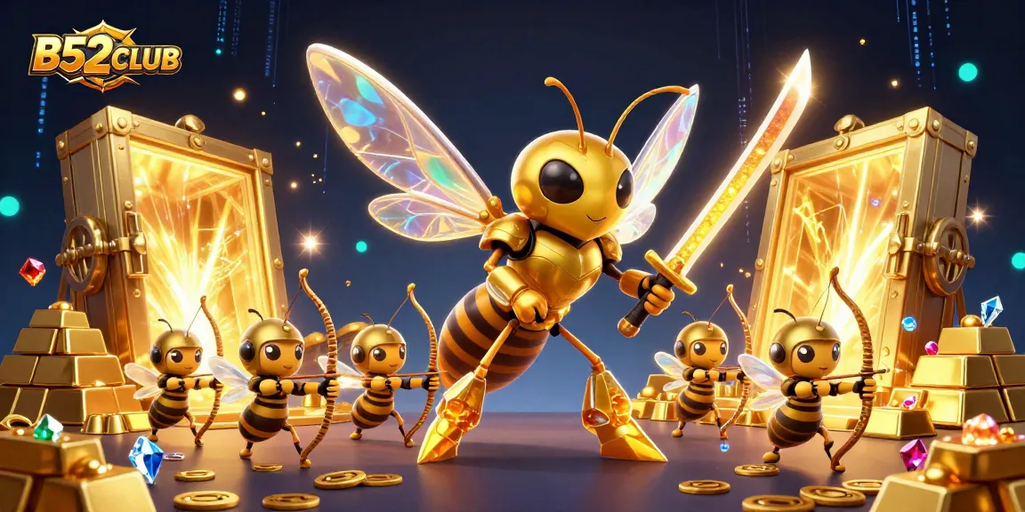B52CLUB offers thrilling gaming excitement with a dynamic illustration of a golden hornet and bee archers.