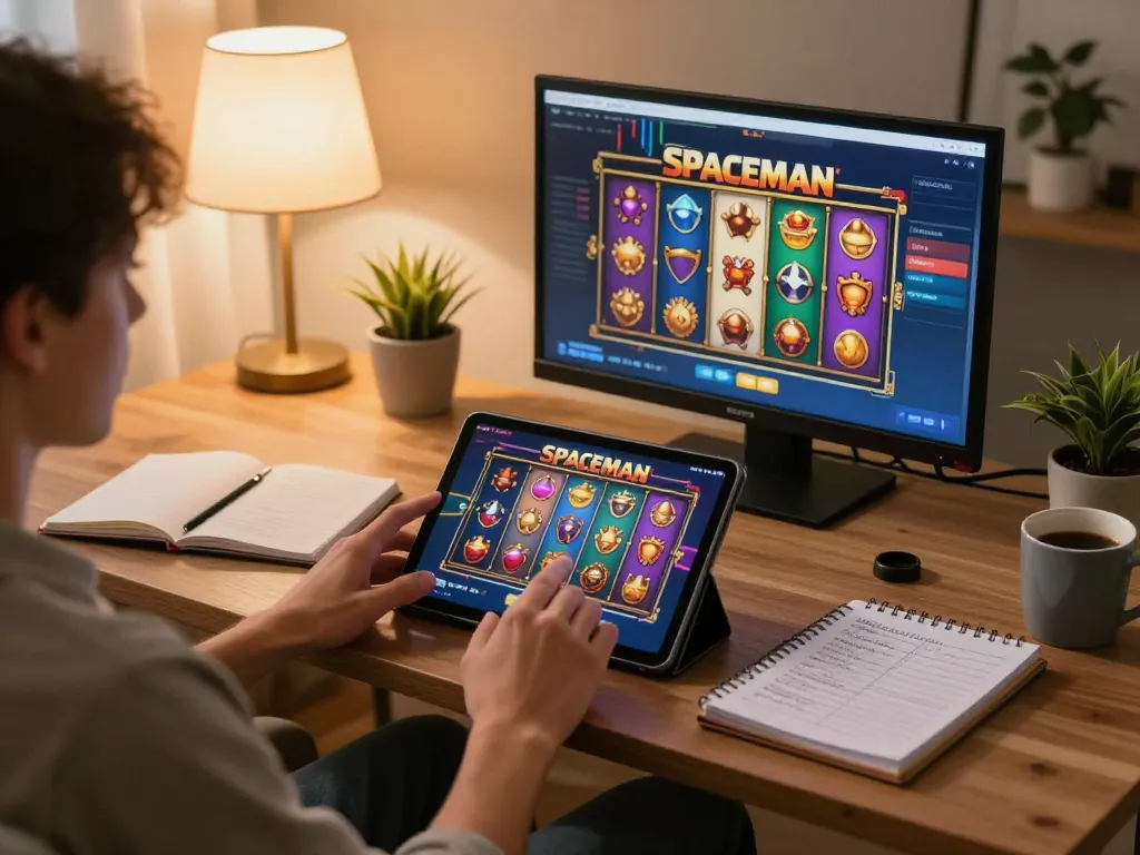 Player engaging with SPACEMAN slot game on tablet in a cozy home setting, showcasing strategic gameplay elements.