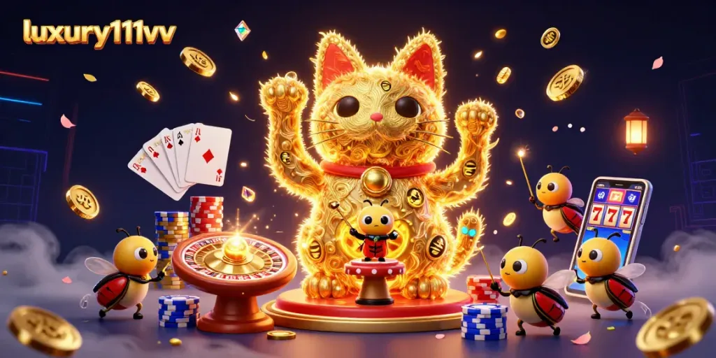 Luxury111vv memukau dengan kucing keberuntungan yang hidup dan simbol kasino, dalam gambaran ceria yang menarik.
