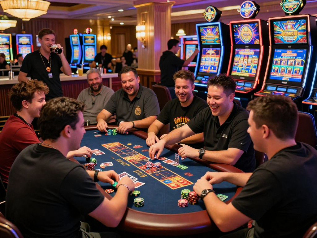 BTV168 gaming tables in an exciting casino atmosphere with players and neon lights