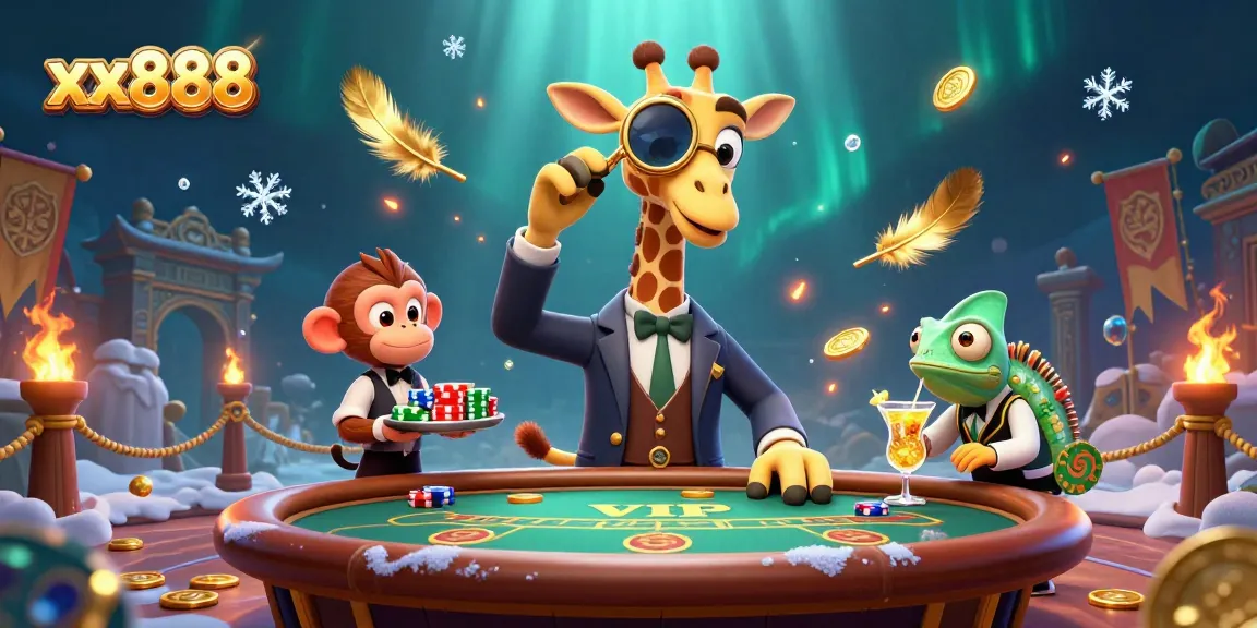 Play exciting games at xx888 with a vibrant giraffe dealer and captivating casino elements