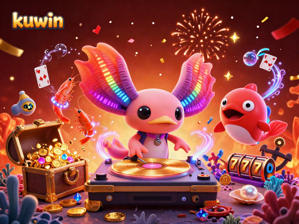 Kuwin enhances online gambling experiences with vibrant casino-themed 3D illustration showcasing animated characters.