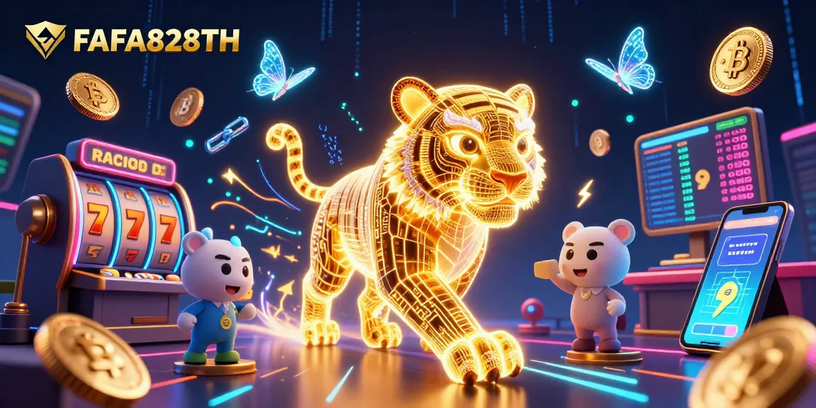 Engage with FAFA828TH in a vibrant digital casino featuring a neon golden tiger amidst slot reels and cryptocurrency.