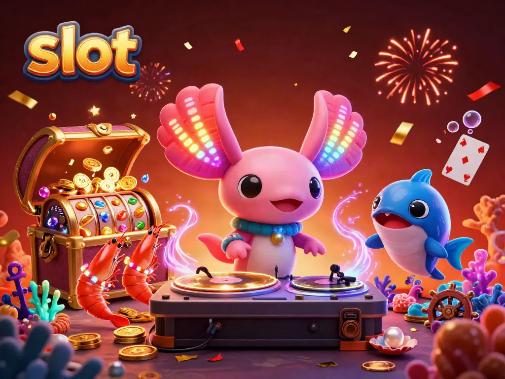 Mengguncang slot mesin dengan DJ axolotl neon dan ikan penari dalam suasana kasino yang meriah.
