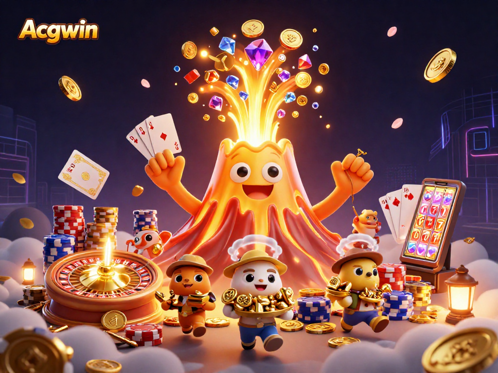 Acgwin showcases a vibrant 3D scene with a volcano, treasure, and dynamic casino elements.