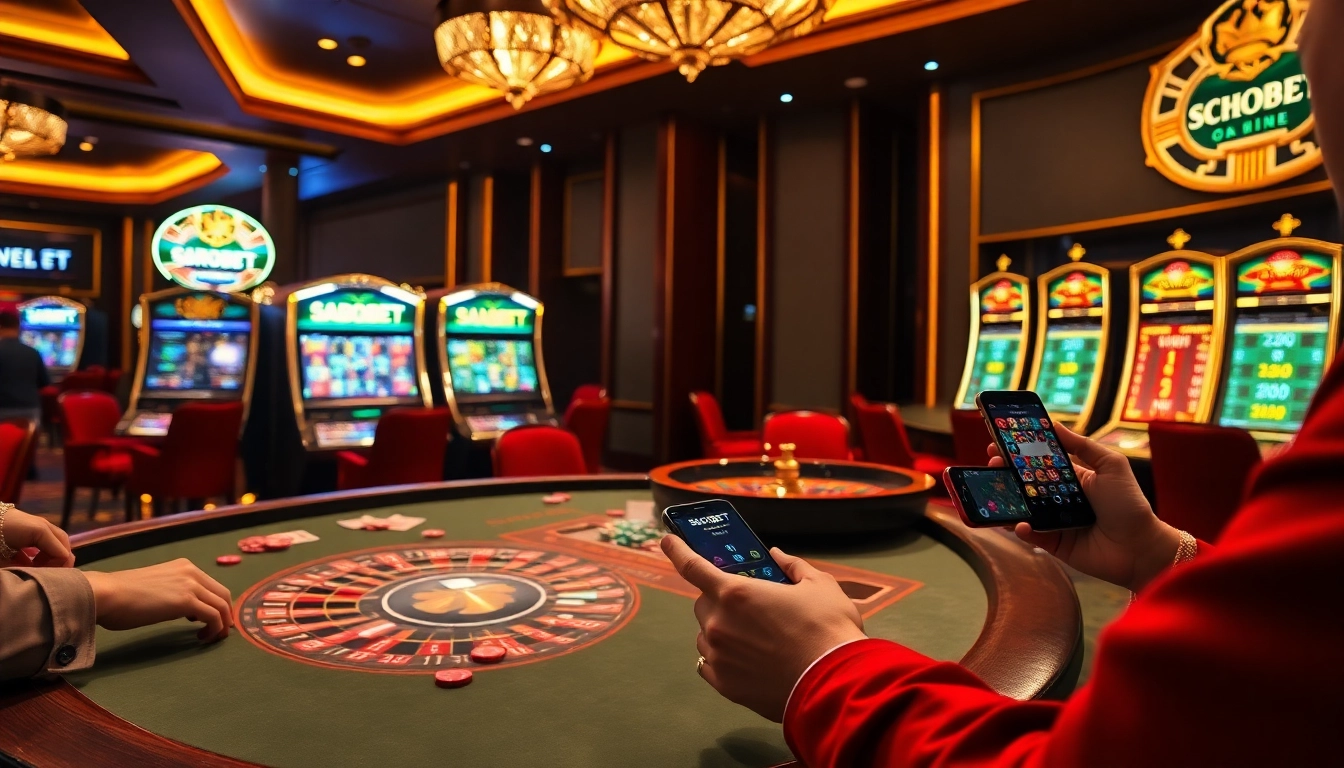 Exciting SBOBET betting scene with poker chips and players at a casino table.
