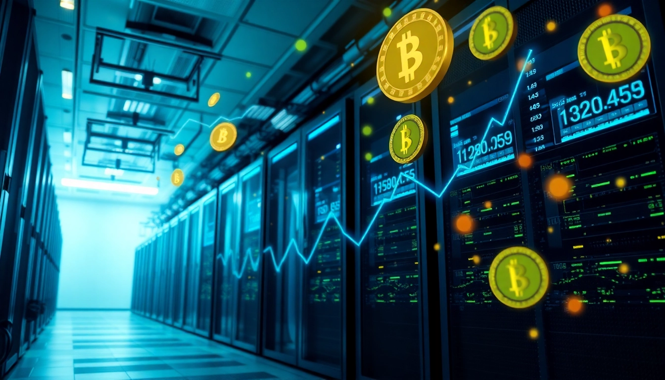 Visual representation of dogecoin cloud mining showcasing a modern data center.
