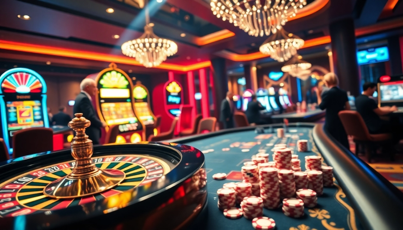 Exciting casino environment featuring 555win slots and vibrant gaming tables for engaging players.