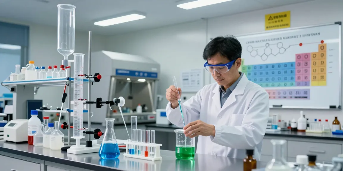 Scientist demonstrating synthesis grade chemicals in a vibrant lab setting with chemical reactions.