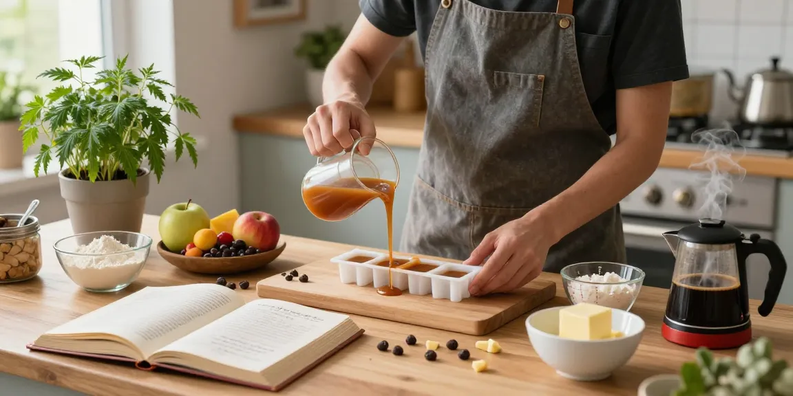 Edibles UK - Home cook creating cannabis-infused caramels, showcasing vibrant ingredients and cozy kitchen atmosphere.