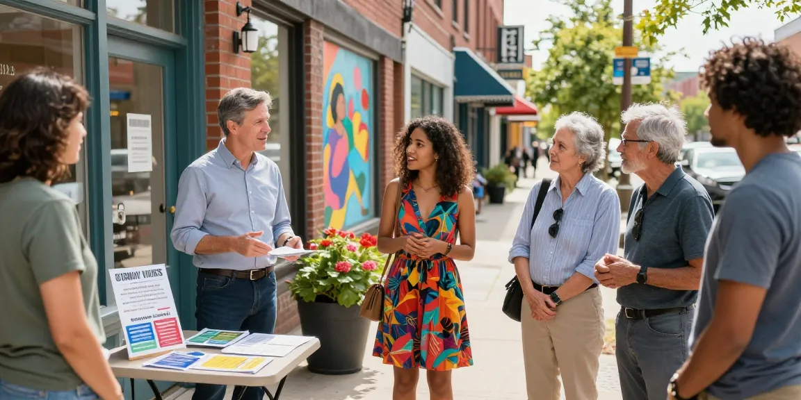 Community engagement scene outside a local business with diverse people exchanging ideas and sharing insights.
