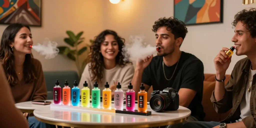 Genieße den Al Fakher Doppelapfel Vape 8000 in gemütlicher Lounge-Atmosphäre mit Freunden und verschiedenen Aromen.