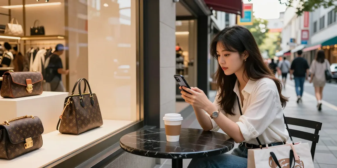 Young shopper engaging with high-quality 레플리카 쇼핑몰 items in a stylish urban setting, showcasing luxury lifestyle.