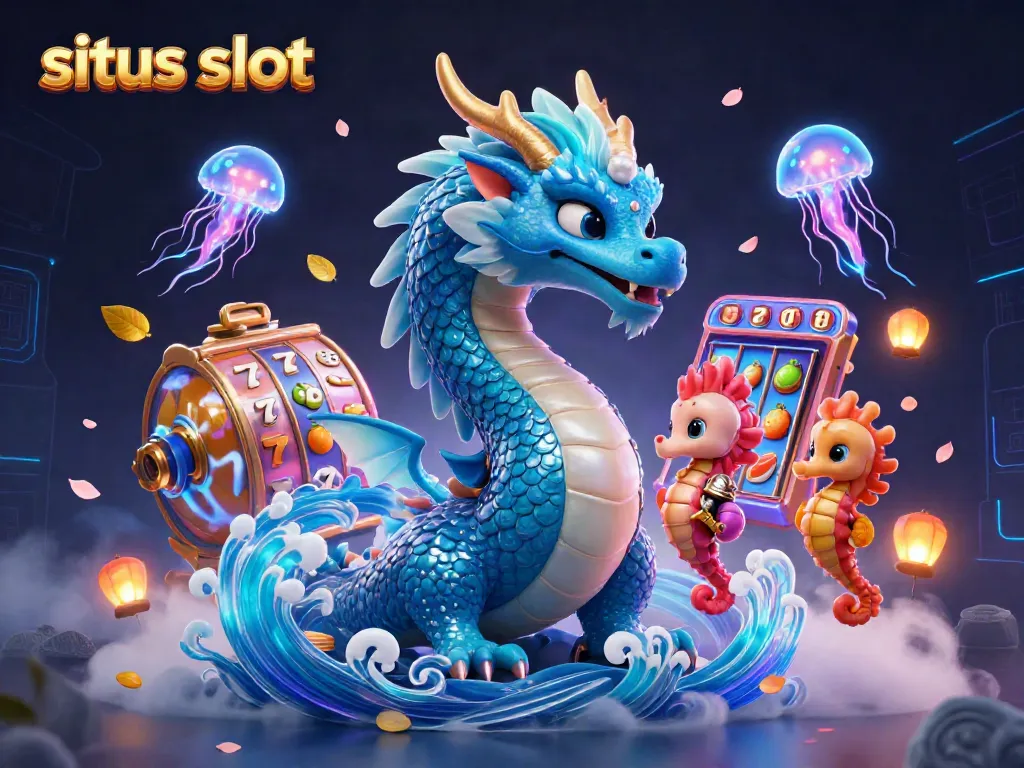 Menangkan jackpot di situs slot dengan ilustrasi naga dan kuda laut berani yang bersinar.