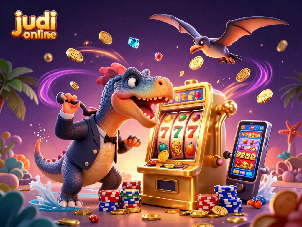 Engaging illustration of judi online featuring a dinosaur, jackpot slots, and flying coins.